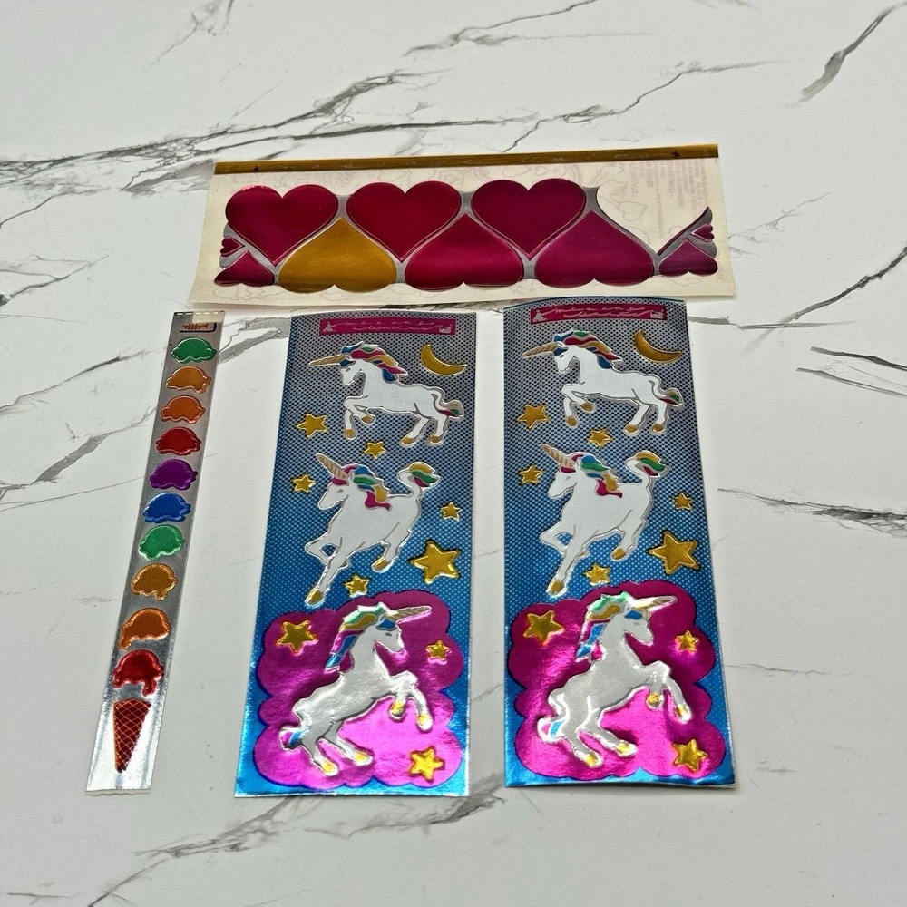 Vintage 80's Cardesign Toots Foiled Sticker Strips Unicorns in Space Hearts More